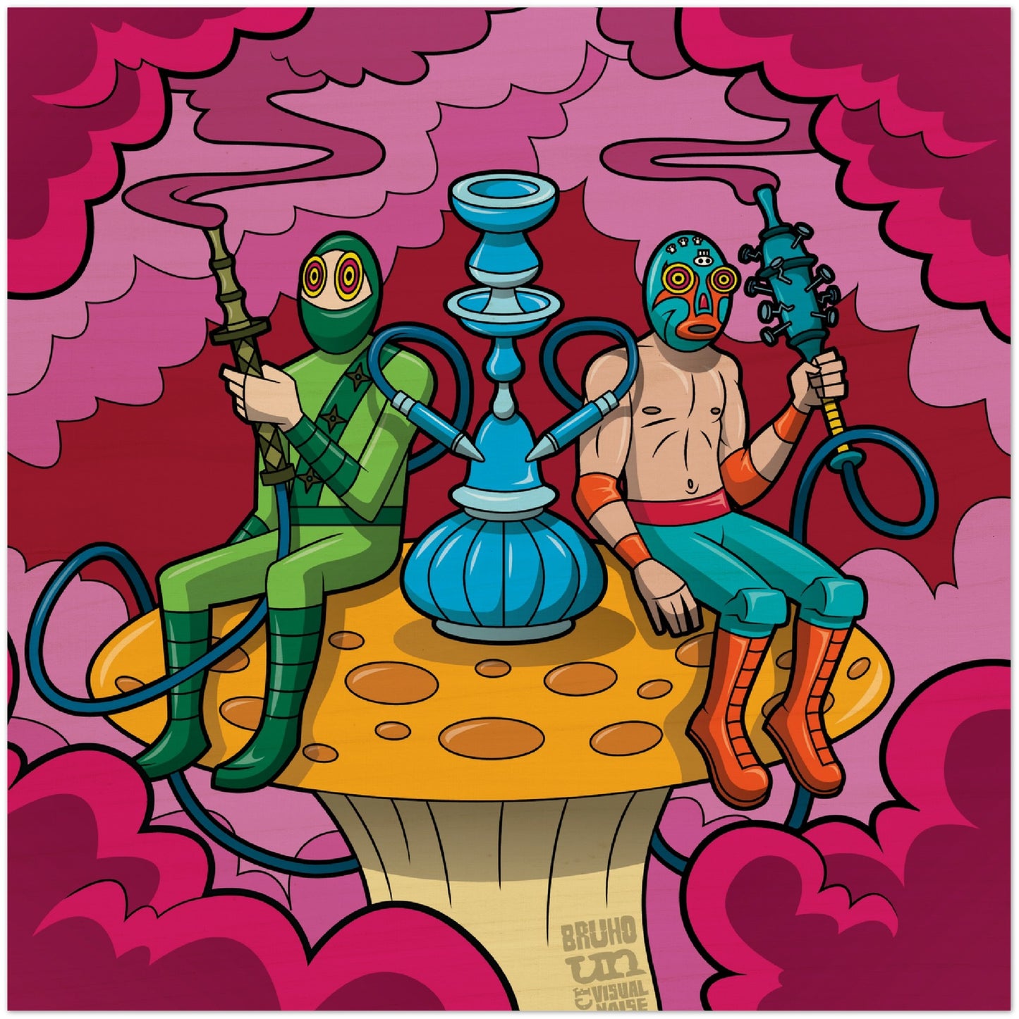 Bruho and Urban Ninja Flying Wood Print