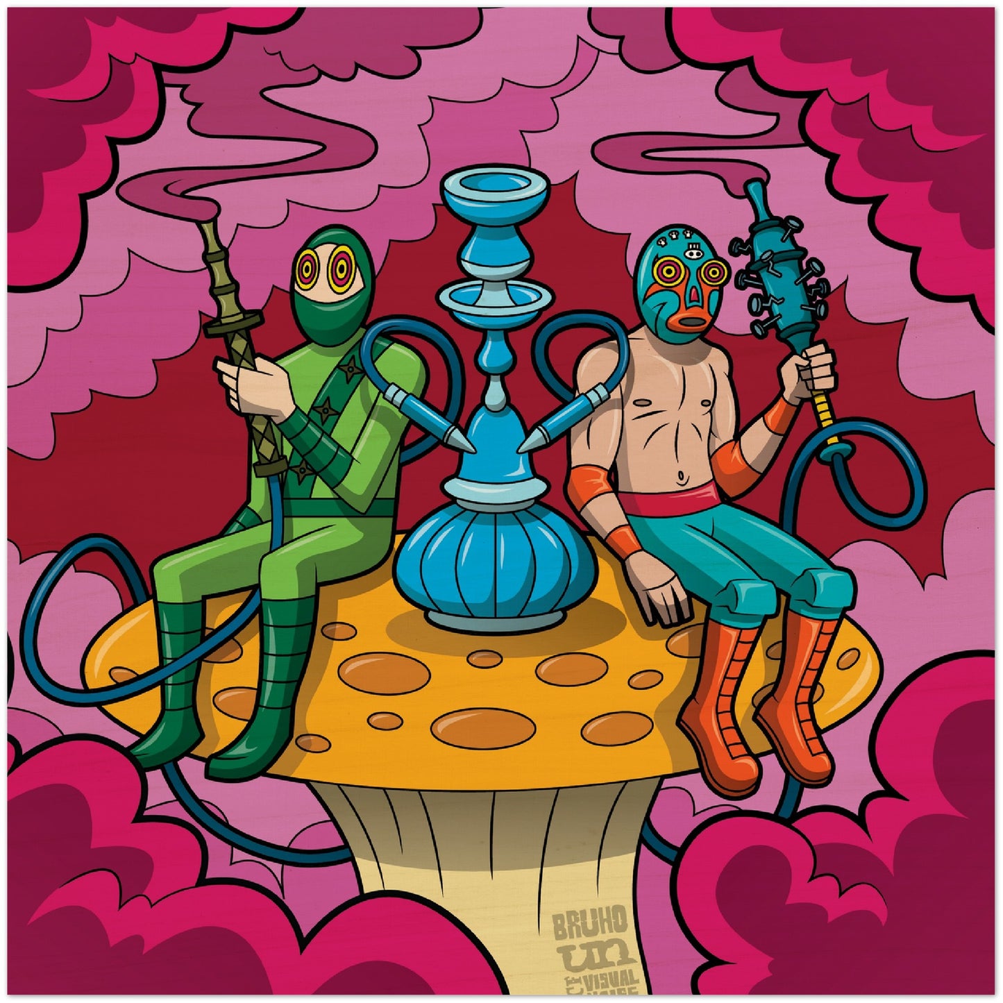 Bruho and Urban Ninja Flying Wood Print