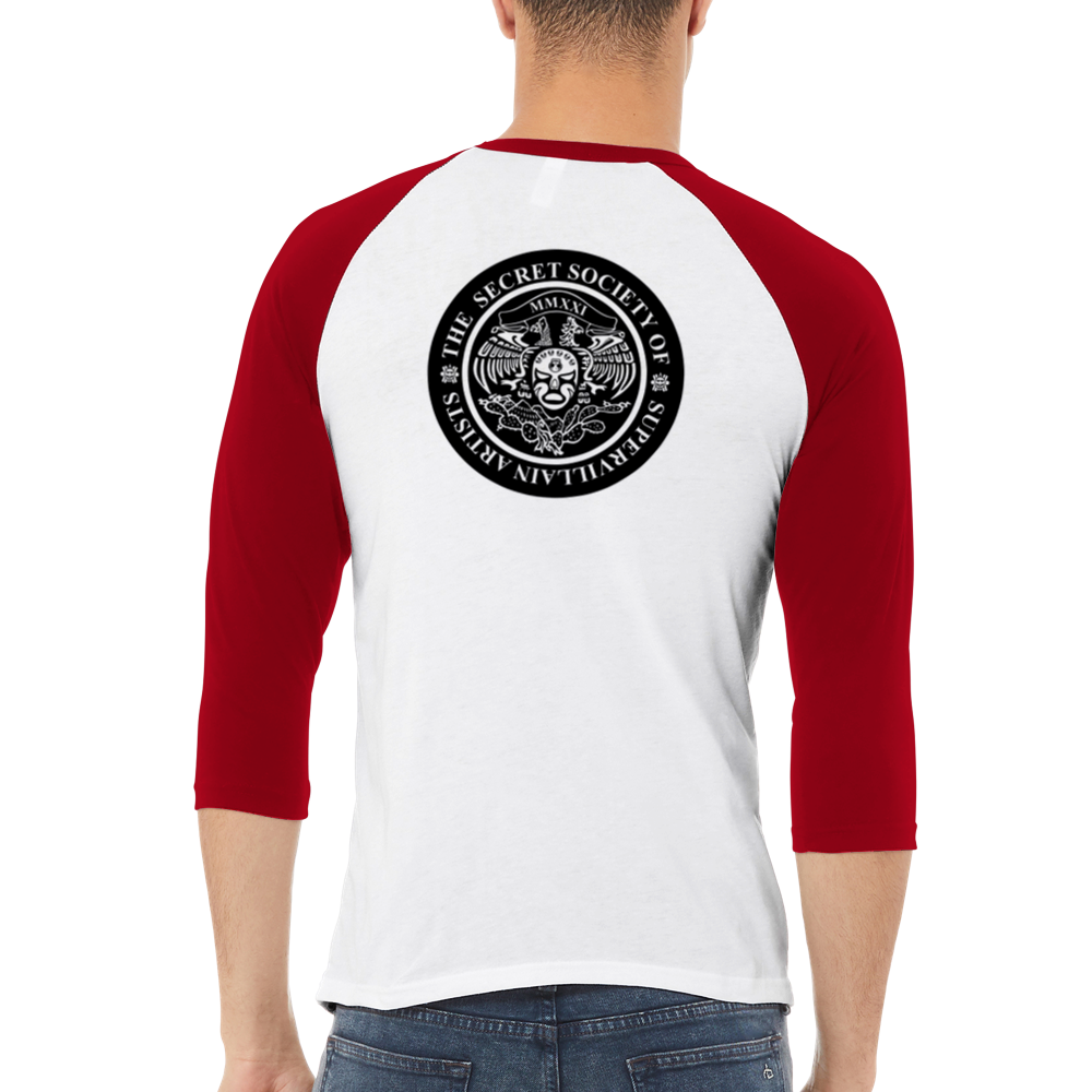 Bruho's Name is Danger / Secret Society of Supervillain Artists (Front/Back) Unisex 3/4 sleeve Raglan T-shirt